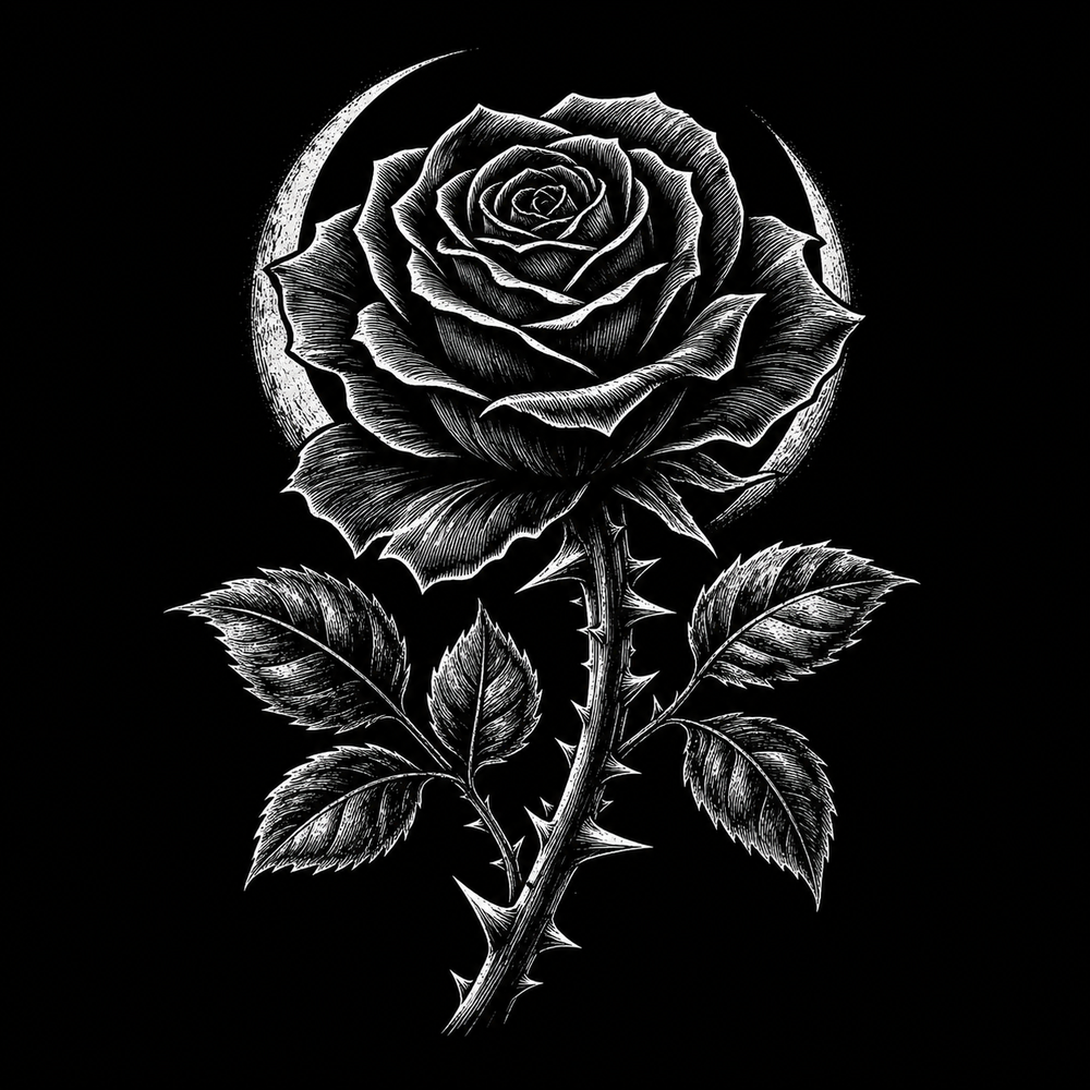 Black rose tattoo symbol with thorns and gothic shadow.