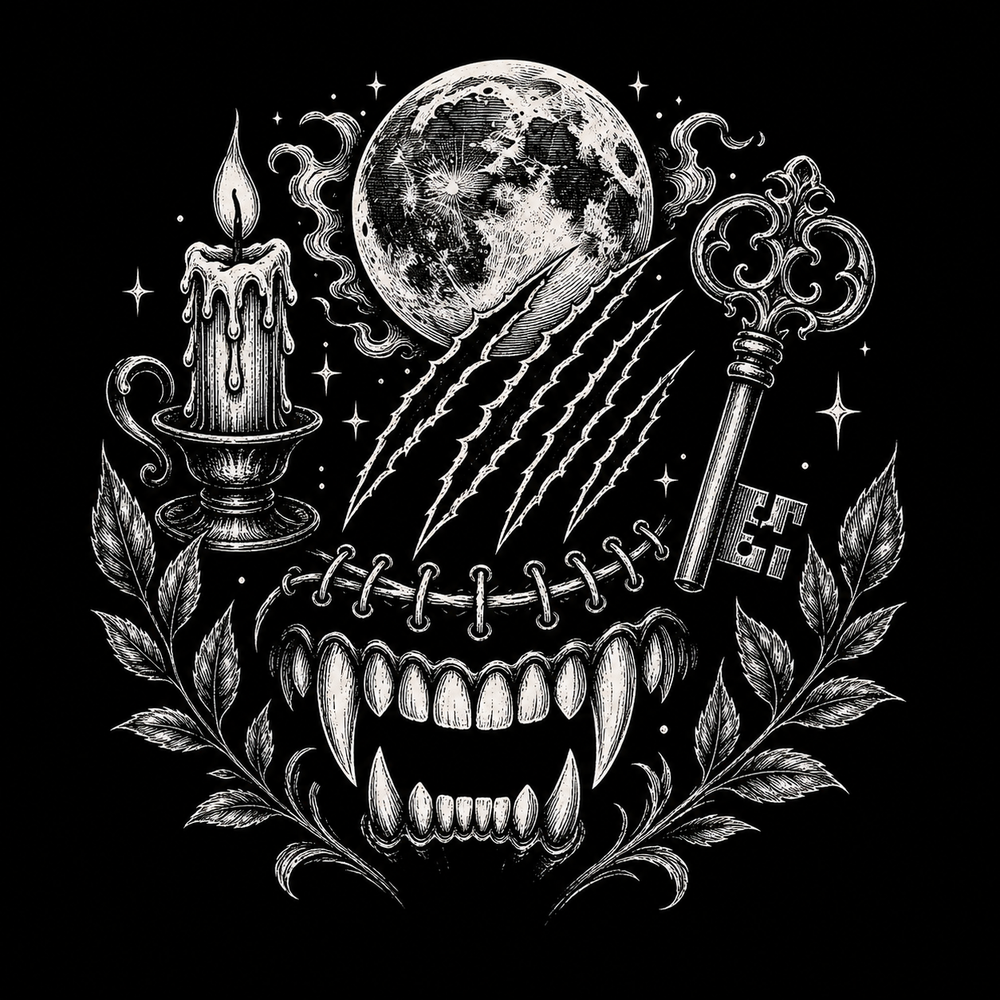 Classic monster symbols with fangs, stitches, moon and candle.