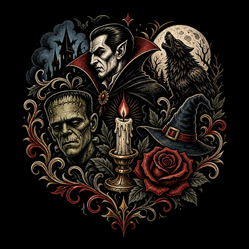 Classic monster T-shirt symbols with vampire, stitched creature, werewolf and witch.