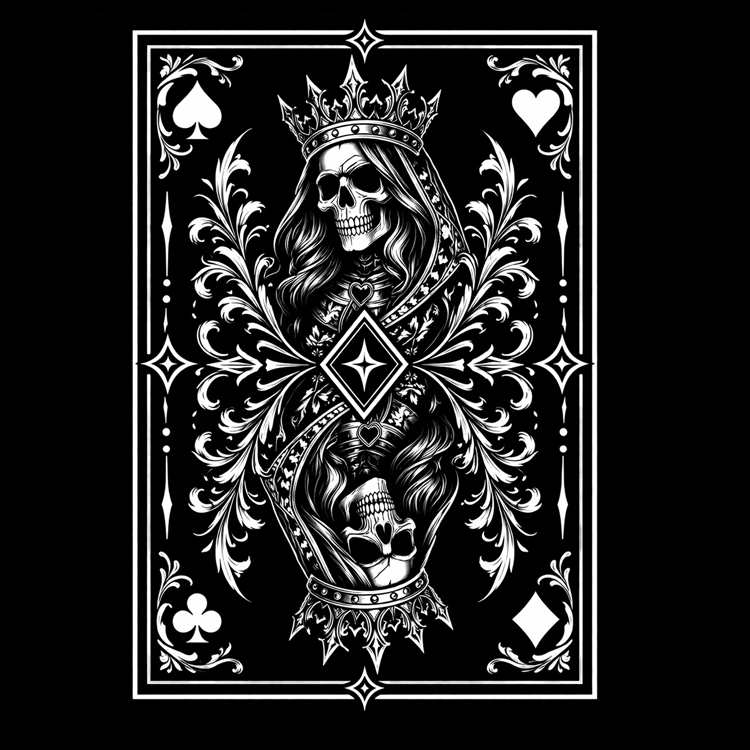 Gothic skull queen playing card design with ornate floral details and crown for Ink and Thread Crown and Bone collection