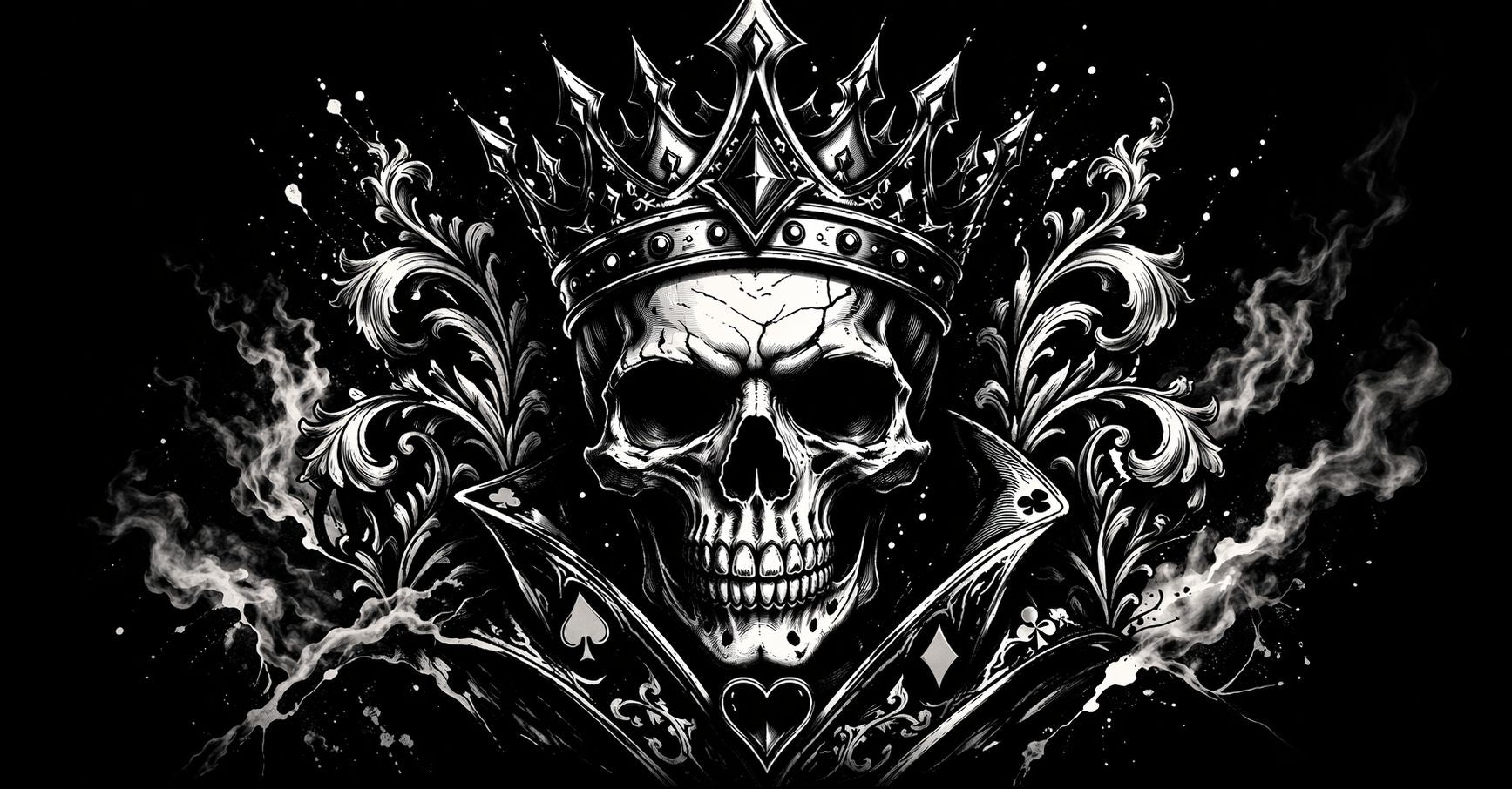 Gothic skull wearing ornate crown surrounded by playing card suits and smoke on black background for Crown and Bone collection