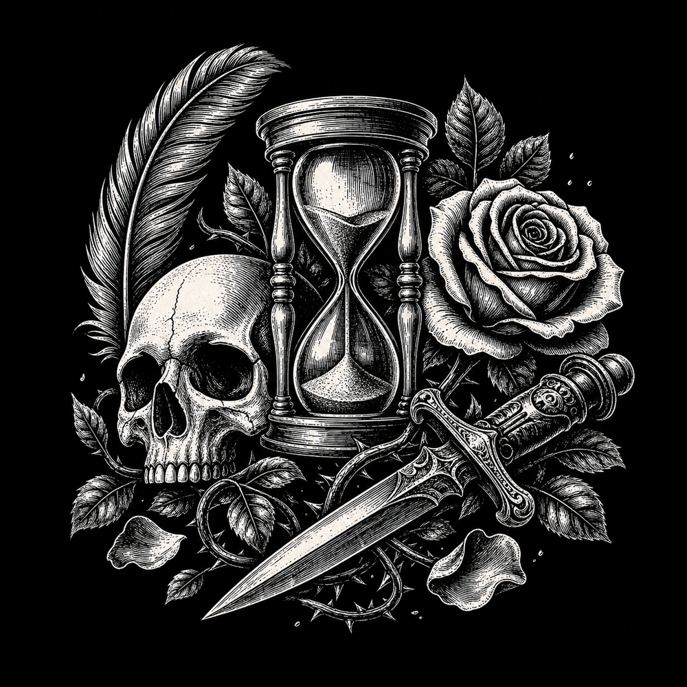 Dark Bloom rose with skull, dagger, feather and hourglass.