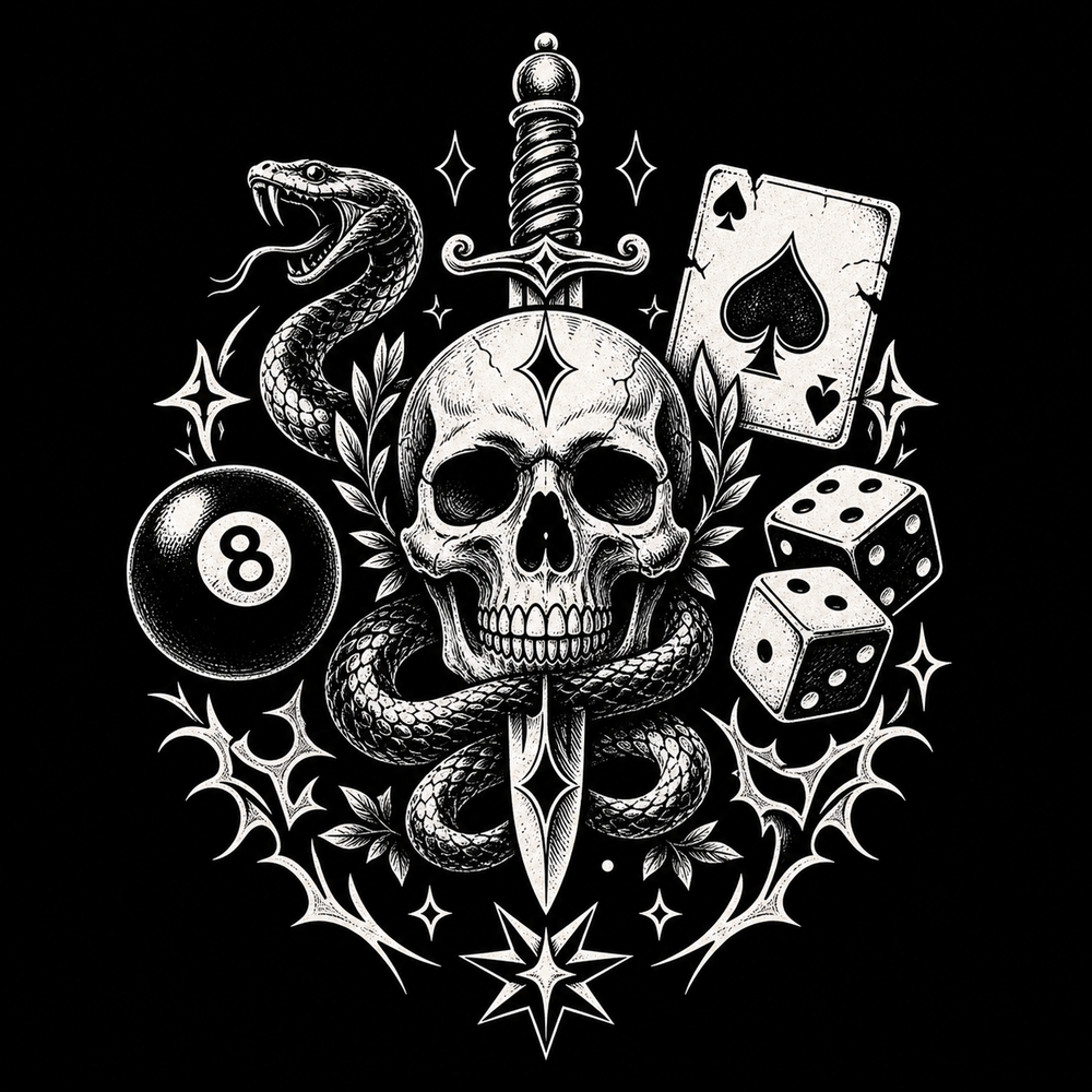 Dark graphic tee symbols with skull, card, dice and dagger.