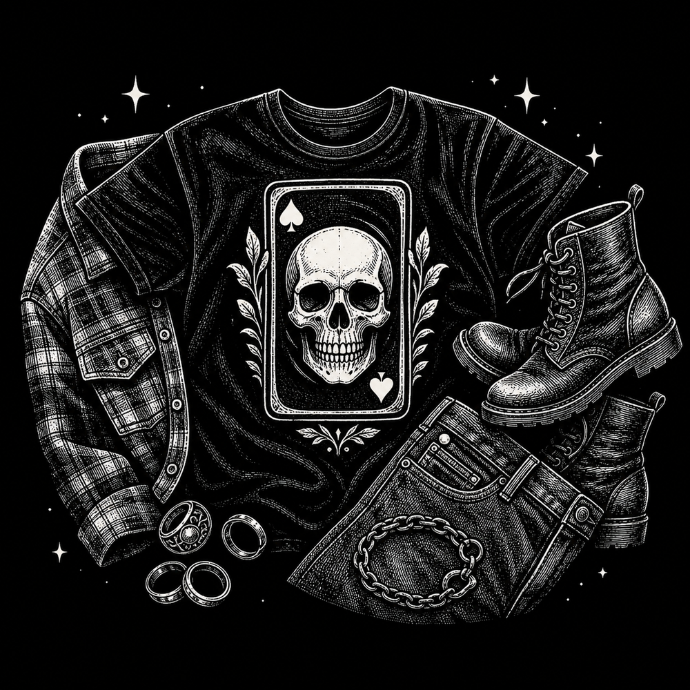 Dark graphic tee outfit with black denim, boots and symbolic artwork.