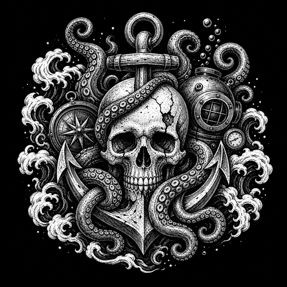 Depth and Ink kraken symbolism with skull, tentacles and waves.