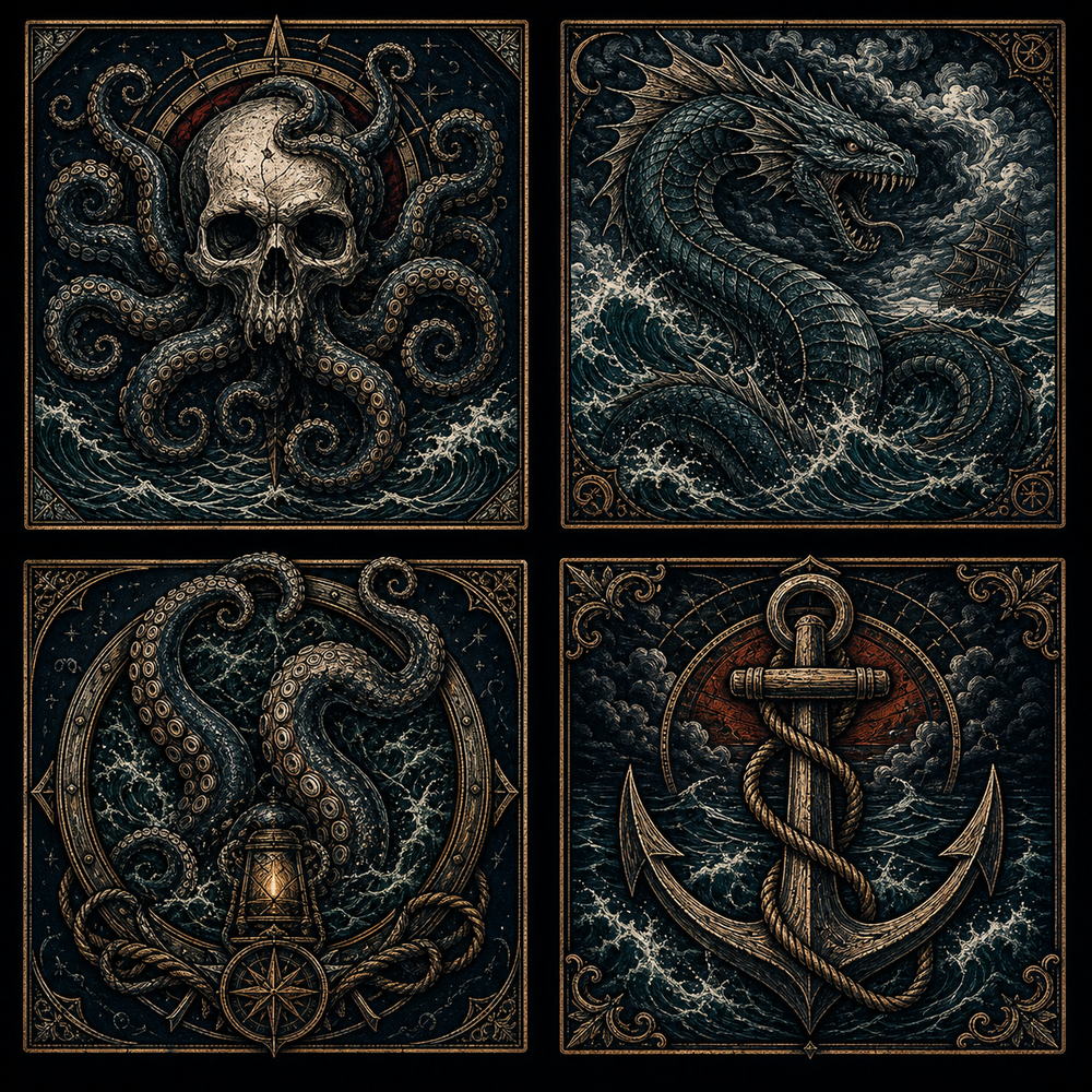 Four dark nautical design panels with kraken skull, leviathan, tentacle motif and anchor symbol.