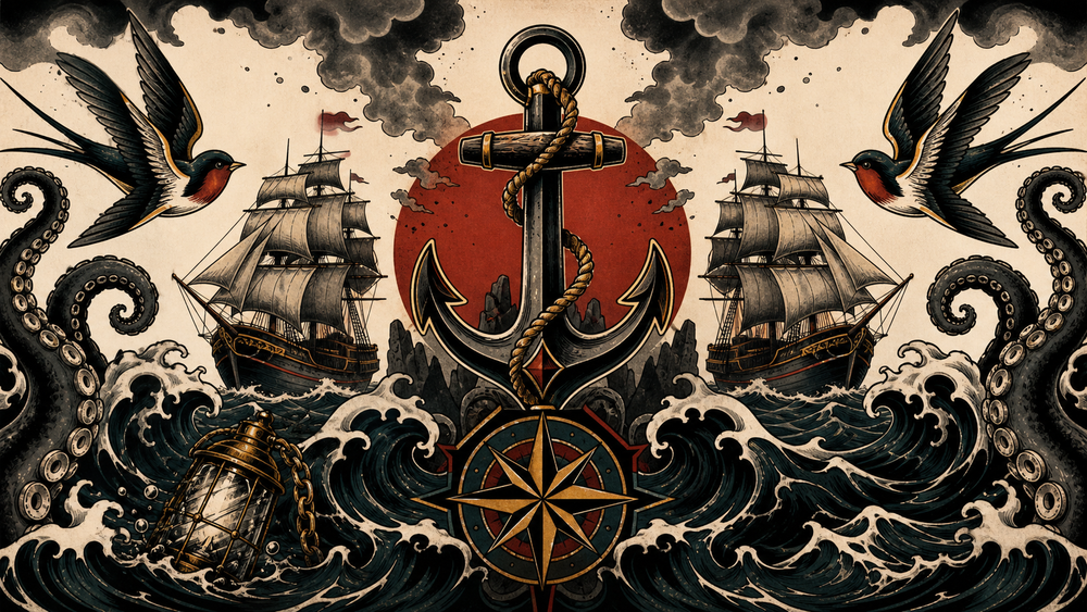 Depth and Ink nautical clothing symbols with anchor, lantern, flag and sea monster.