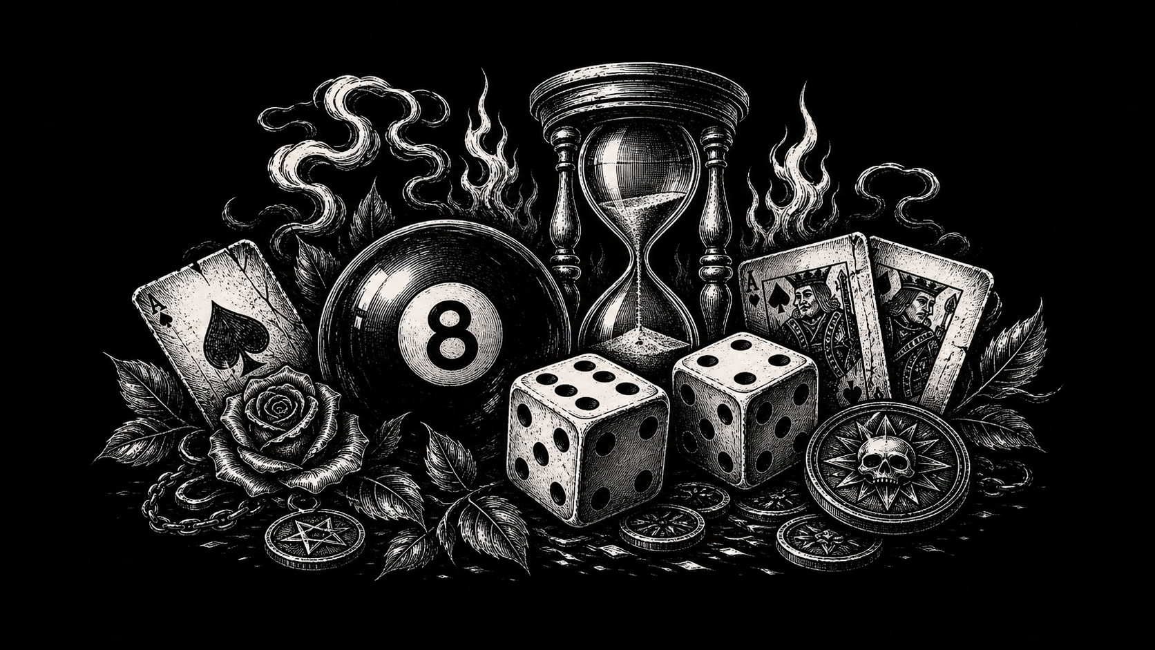 Dice and eight ball symbolism banner with cards, hourglass and fate symbols.
