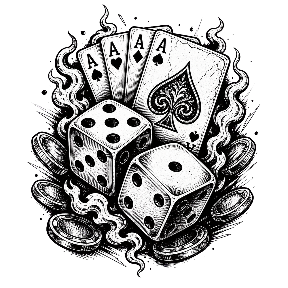 Dice tattoo meaning design with flames, cards and black shadows.