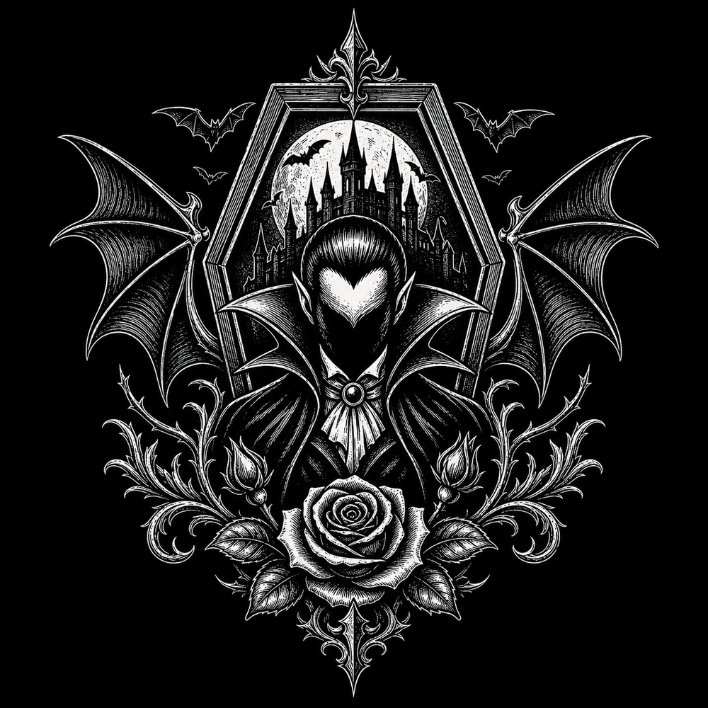 Dracula symbolism with fangs, cape, bat wings and coffin.