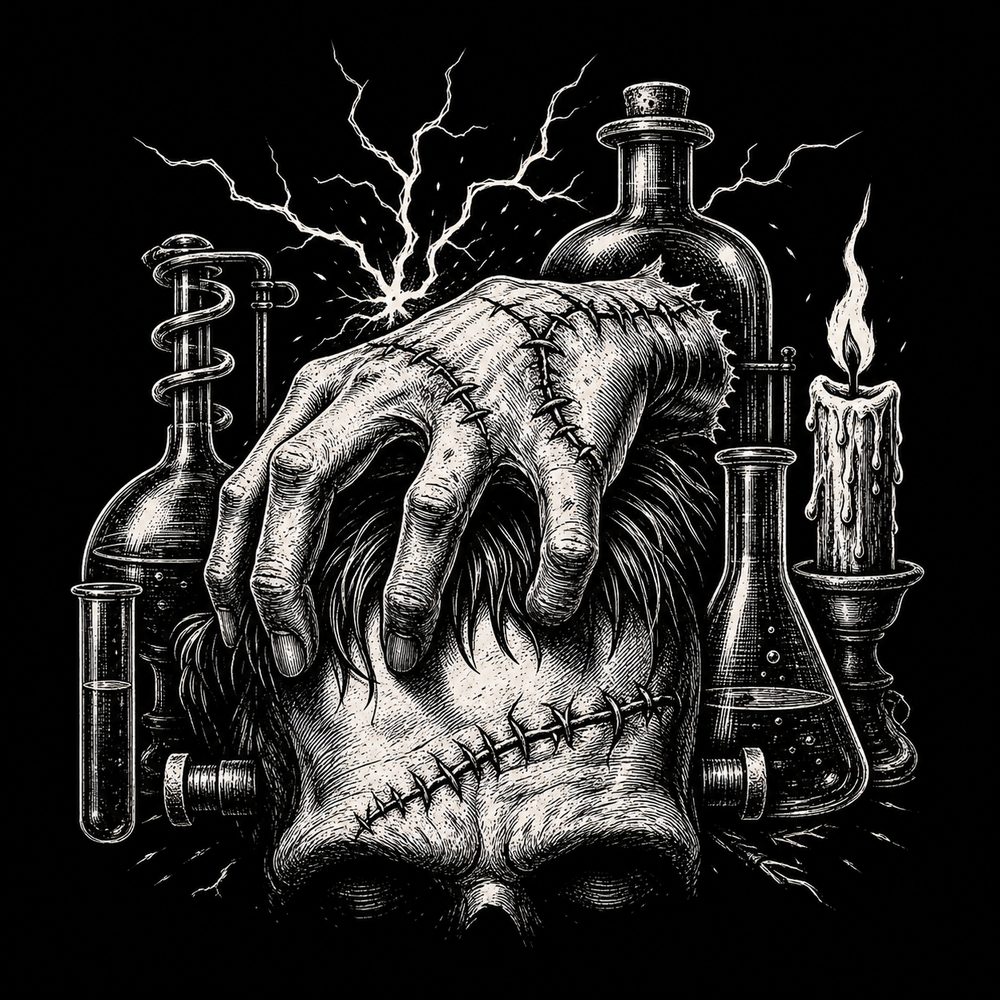 Frankenstein monster symbolism with stitches, lightning and sorrow.