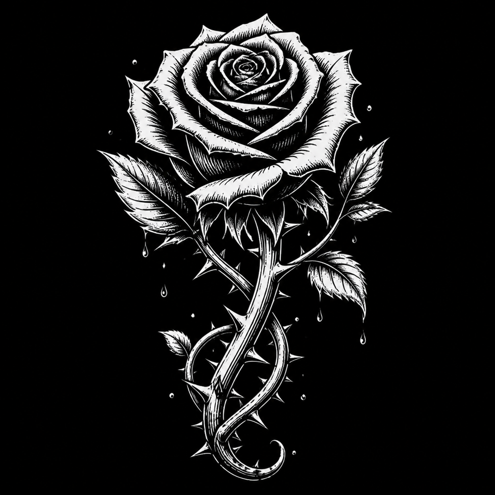 Gothic rose tattoo with thorns and dark botanical detail.