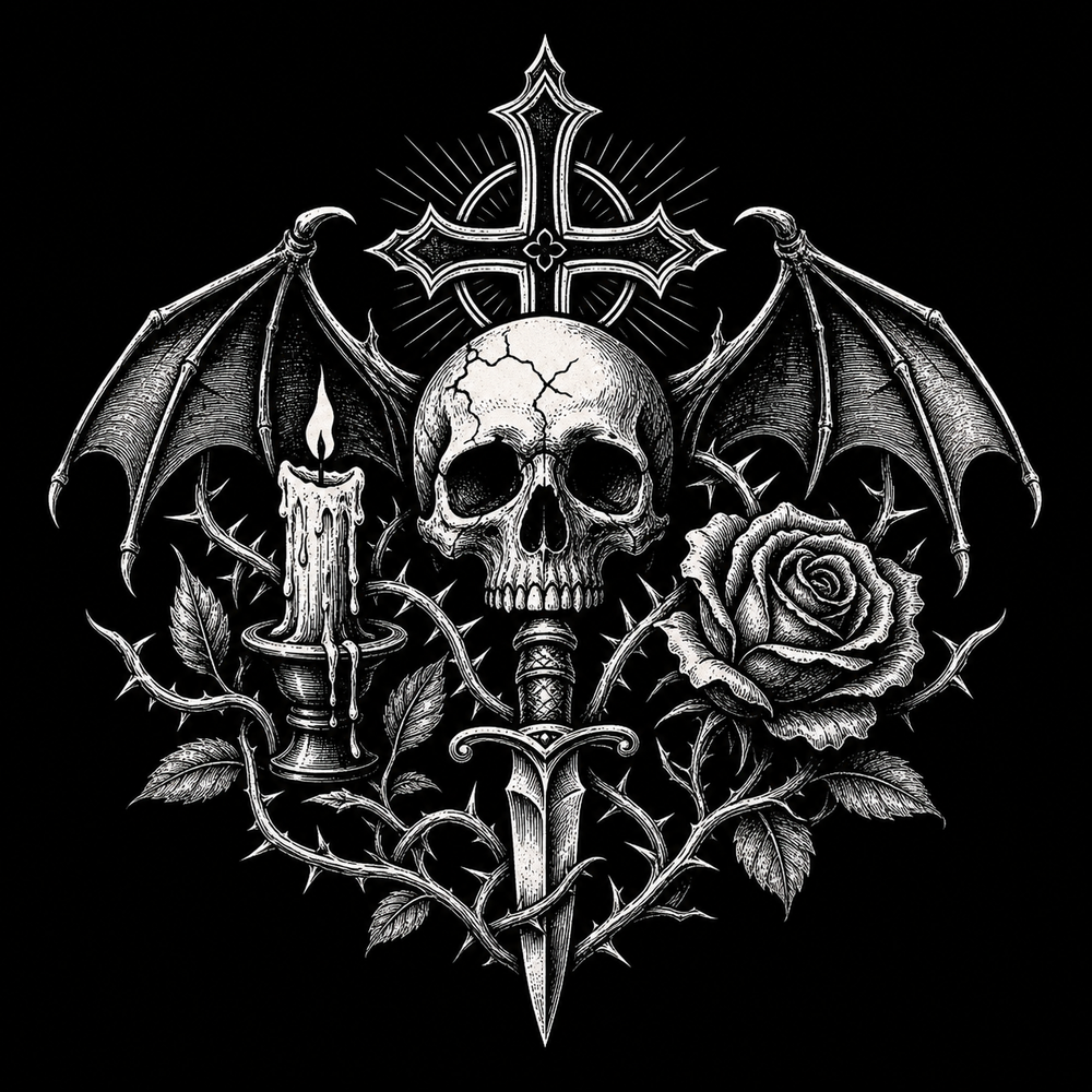Gothic t-shirt symbols with skull, rose, candle and cross.