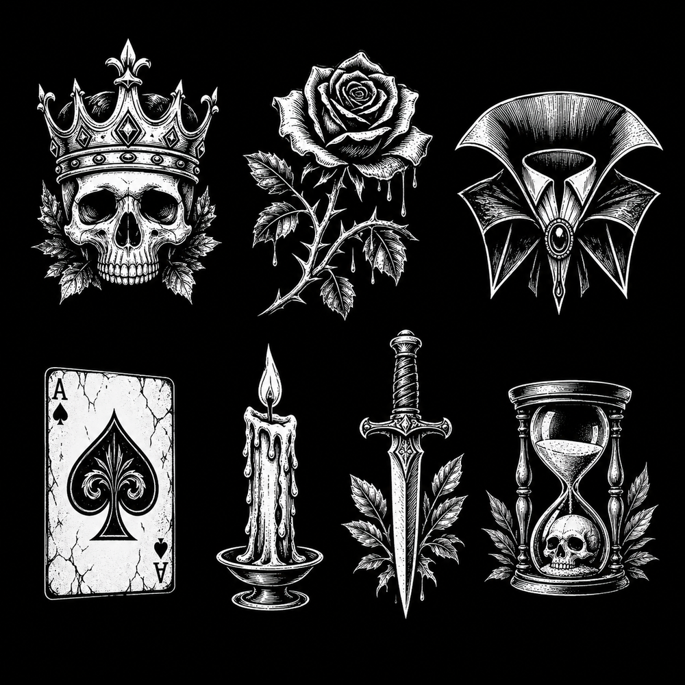 Gothic t-shirt symbol grid with skull, rose, vampire and playing card.