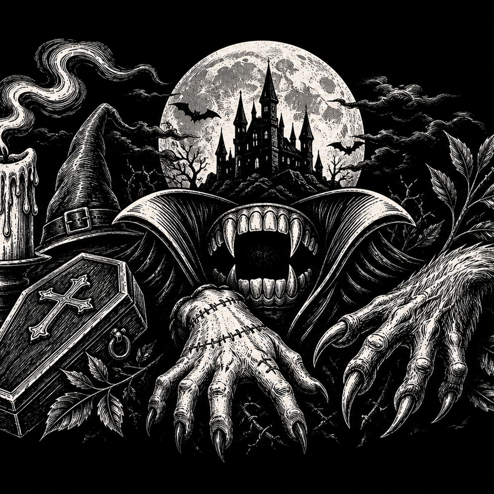 Grave and Glory classic horror symbols in tattoo flash style.