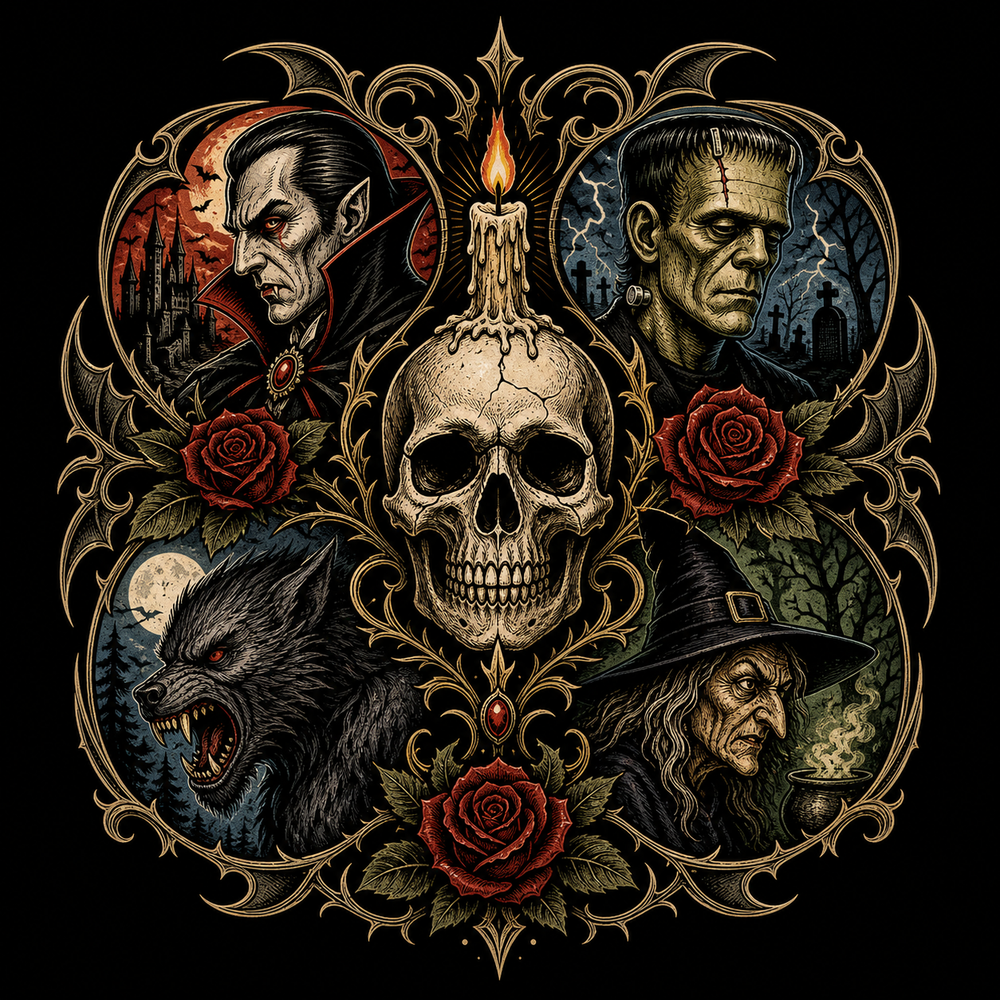 Grave and Glory horror range with Dracula, Frankenstein, werewolf and witch symbols.