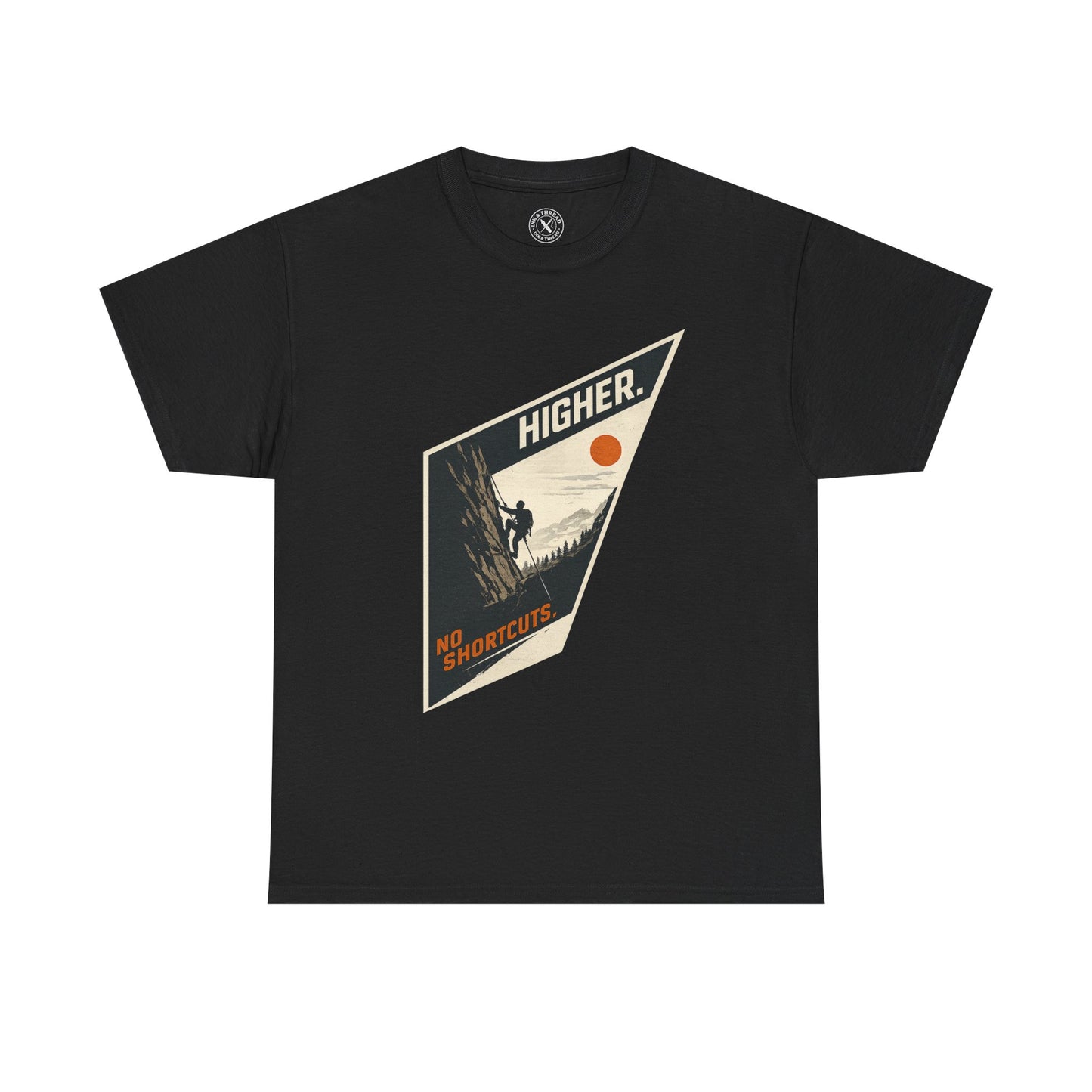 Ink & Thread UK charcoal grey unisex t-shirt featuring Higher No Shortcuts mountain climbing graphic with rock climber and sun design