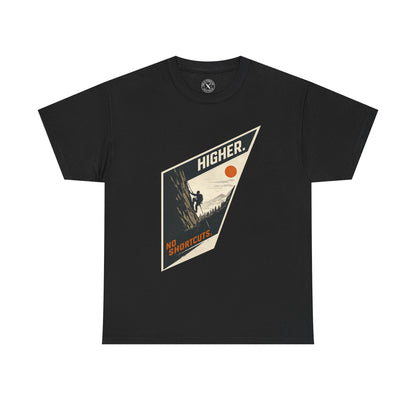 Ink & Thread UK charcoal grey unisex t-shirt featuring Higher No Shortcuts mountain climbing graphic with rock climber and sun design