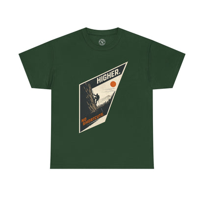 Ink & Thread UK forest green unisex t-shirt featuring Higher No Shortcuts mountain climbing graphic with rock climber and sun design