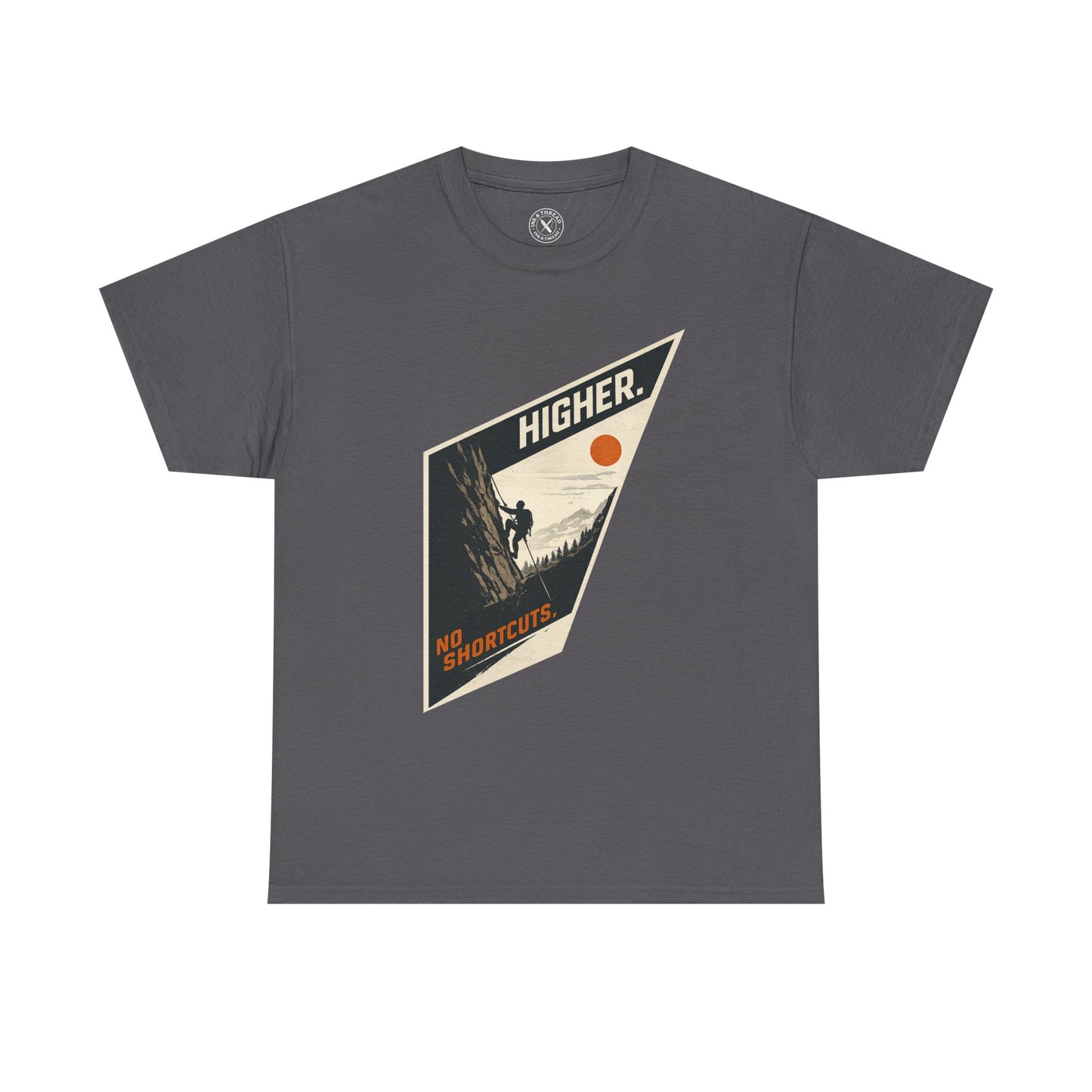 Ink & Thread UK grey unisex t-shirt featuring Higher No Shortcuts mountain climbing graphic with rock climber and sun design