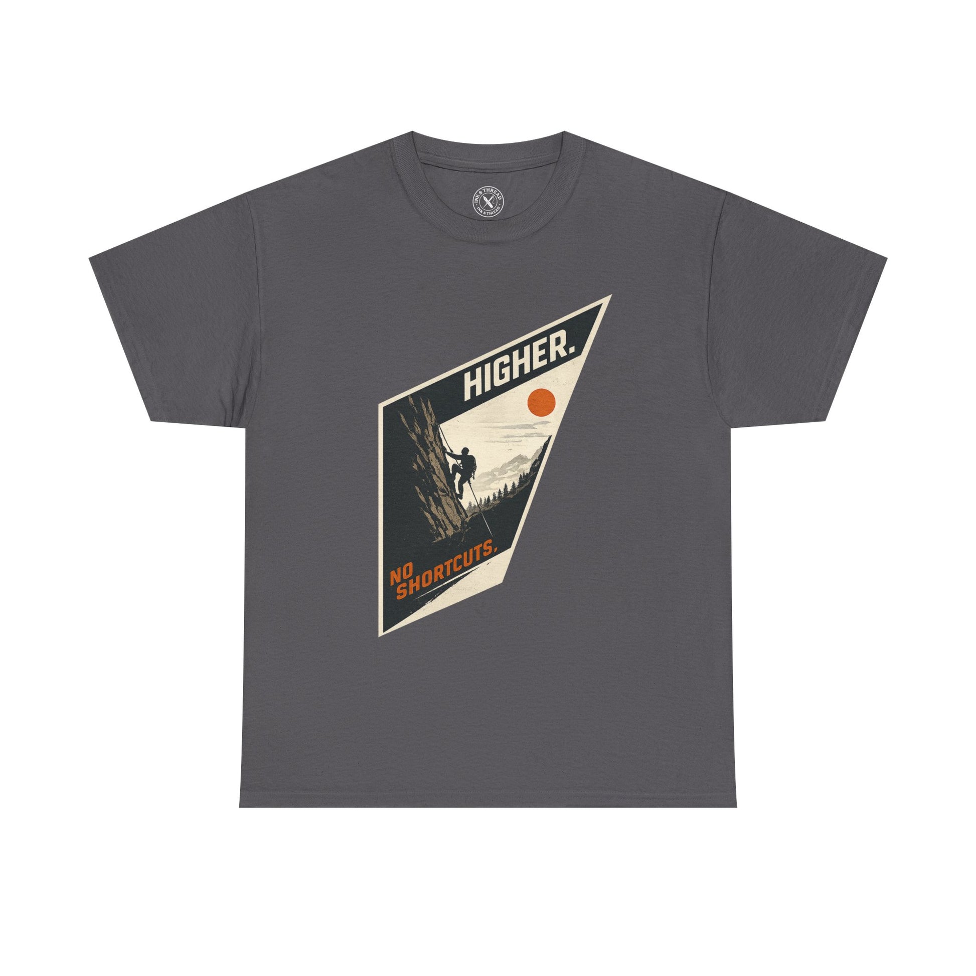 Ink & Thread UK grey unisex t-shirt featuring Higher No Shortcuts mountain climbing graphic with rock climber and sun design