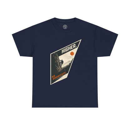 Ink & Thread UK navy blue unisex t-shirt featuring Higher No Shortcuts mountain climbing graphic with rock climber and sun design