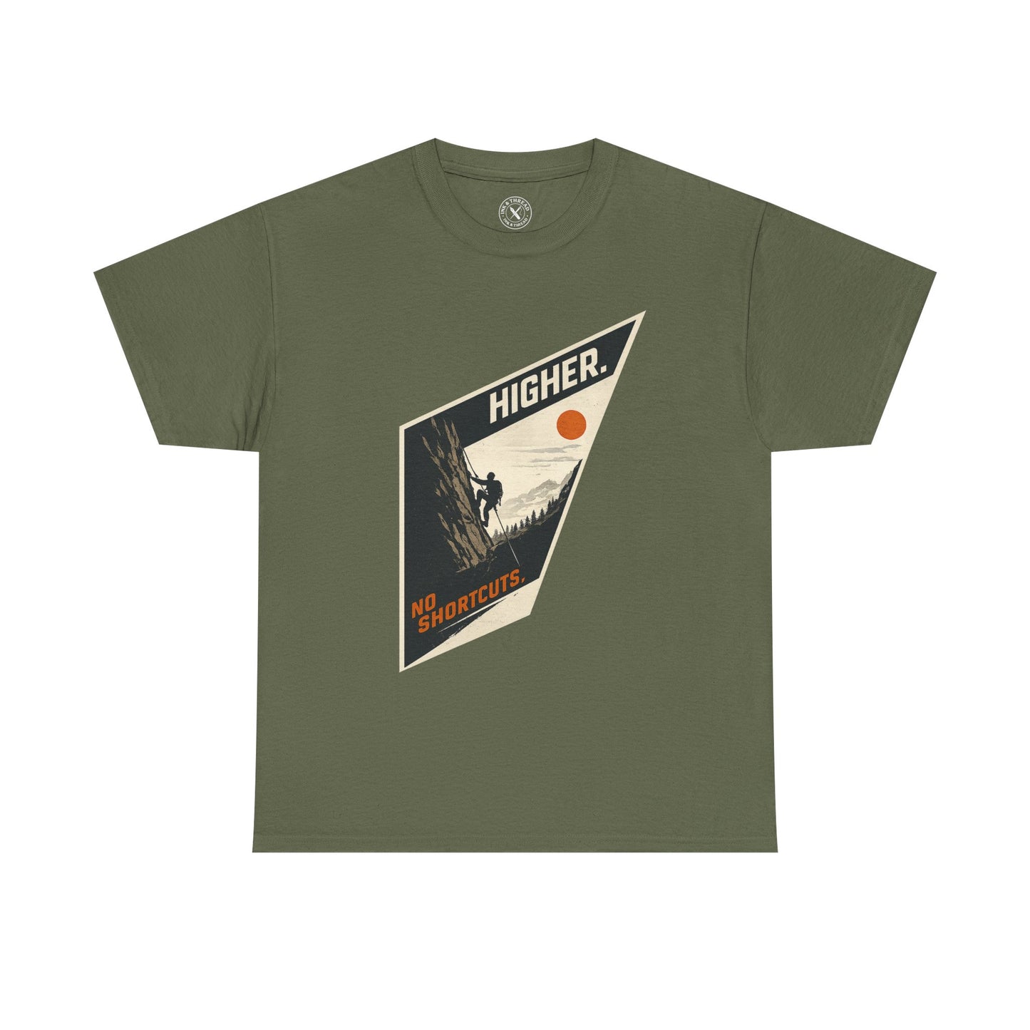 Ink & Thread UK olive green unisex t-shirt featuring Higher No Shortcuts mountain climbing graphic with rock climber and sun design