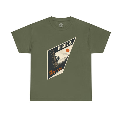 Ink & Thread UK olive green unisex t-shirt featuring Higher No Shortcuts mountain climbing graphic with rock climber and sun design