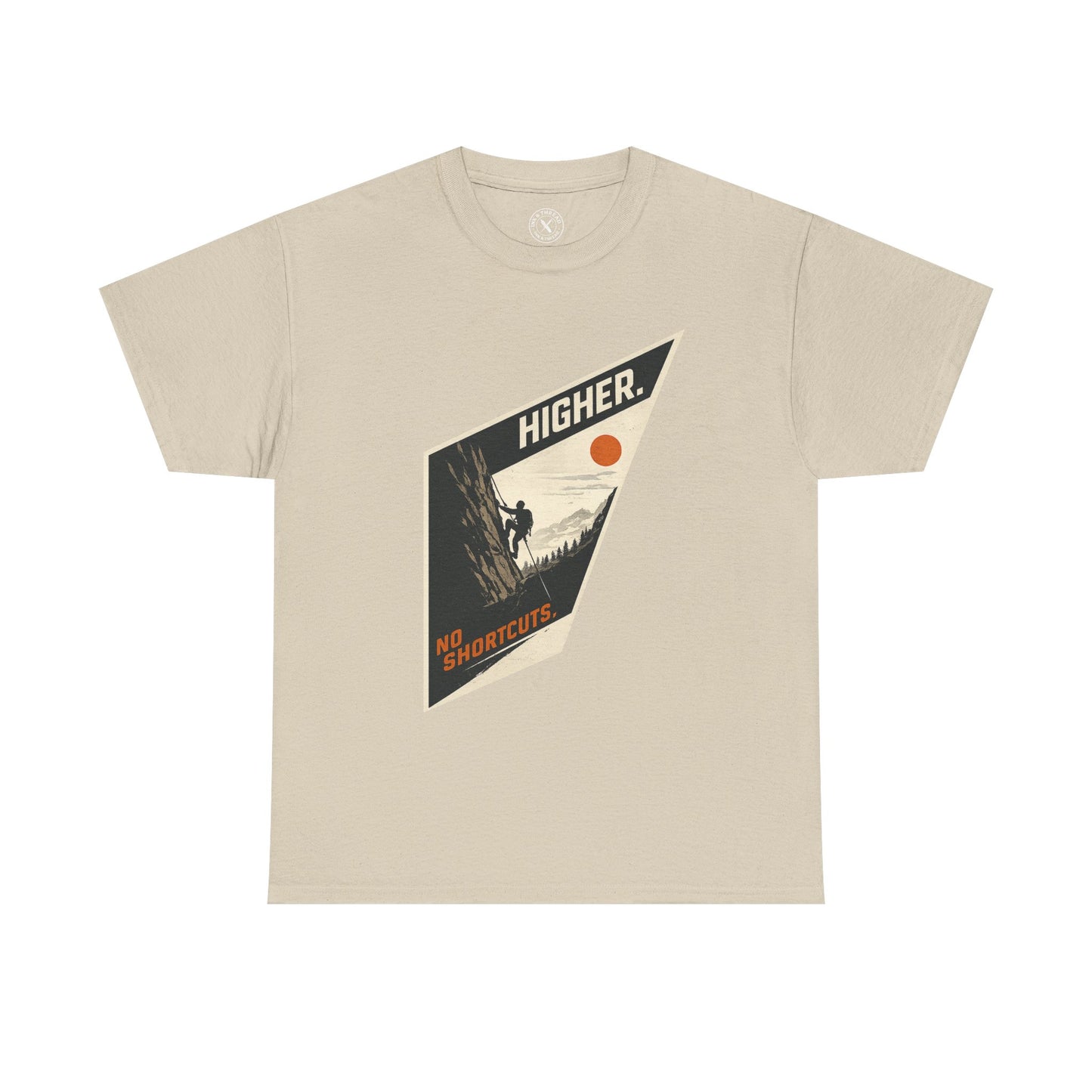 Ink & Thread UK sand beige unisex t-shirt featuring Higher No Shortcuts mountain climbing graphic with rock climber and sun design