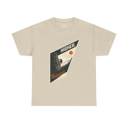 Ink & Thread UK sand beige unisex t-shirt featuring Higher No Shortcuts mountain climbing graphic with rock climber and sun design