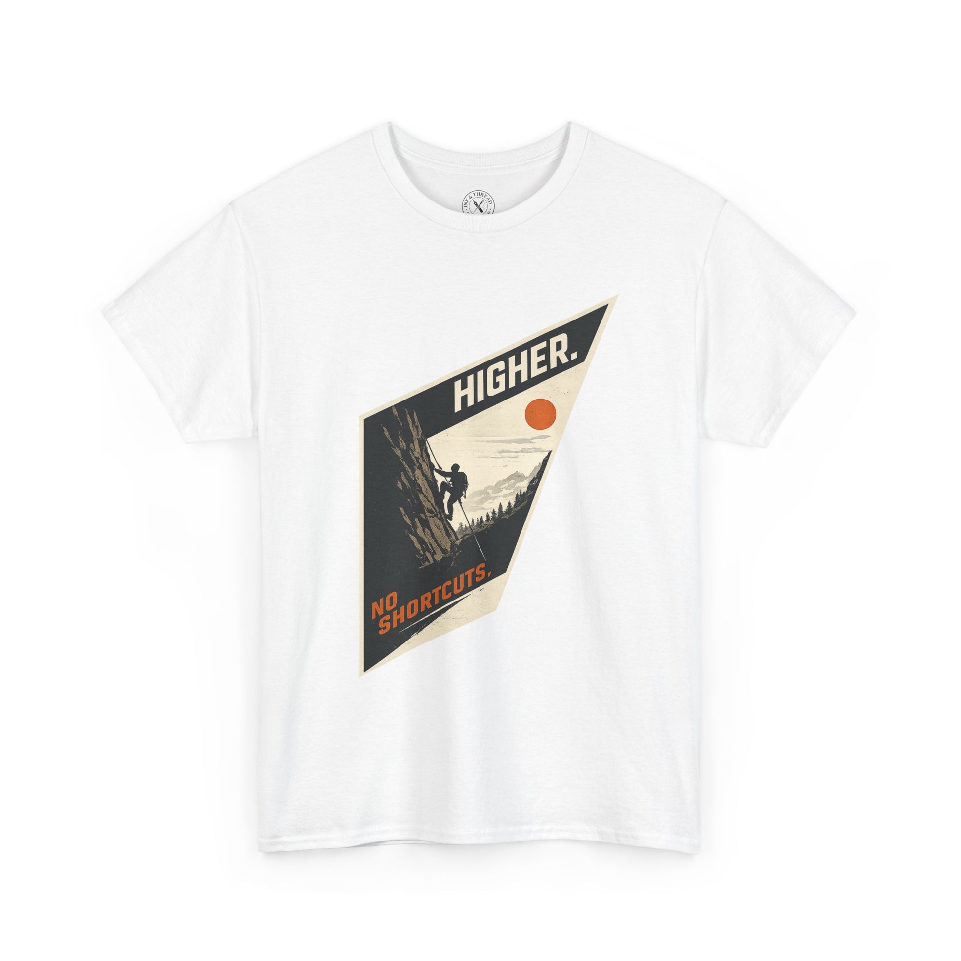 Ink & Thread UK white unisex t-shirt featuring Higher No Shortcuts mountain climbing graphic with rock climber and sun design