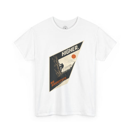 Ink & Thread UK white unisex t-shirt featuring Higher No Shortcuts mountain climbing graphic with rock climber and sun design