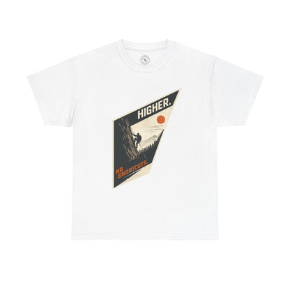 Ink & Thread UK white unisex t-shirt with Higher No Shortcuts mountain climbing graphic featuring rock climber and sun badge design