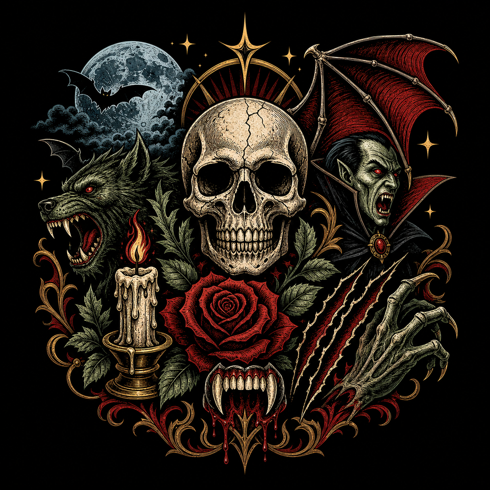 Horror T-shirt symbols with skull, fangs, candle and monster shapes.