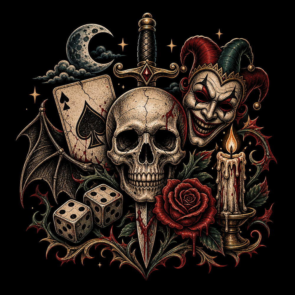 Dark symbol horror T-shirt motifs with skull cards, joker and candles.