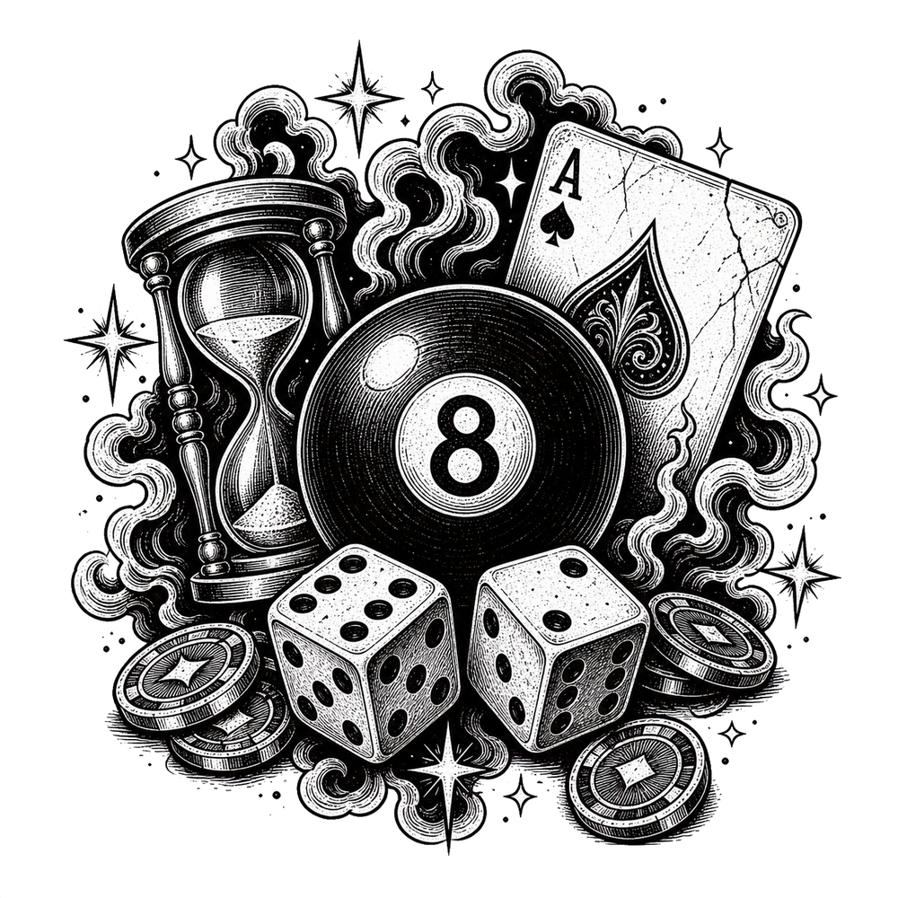 Ink and Fate symbols with 8 ball, dice, card and hourglass.