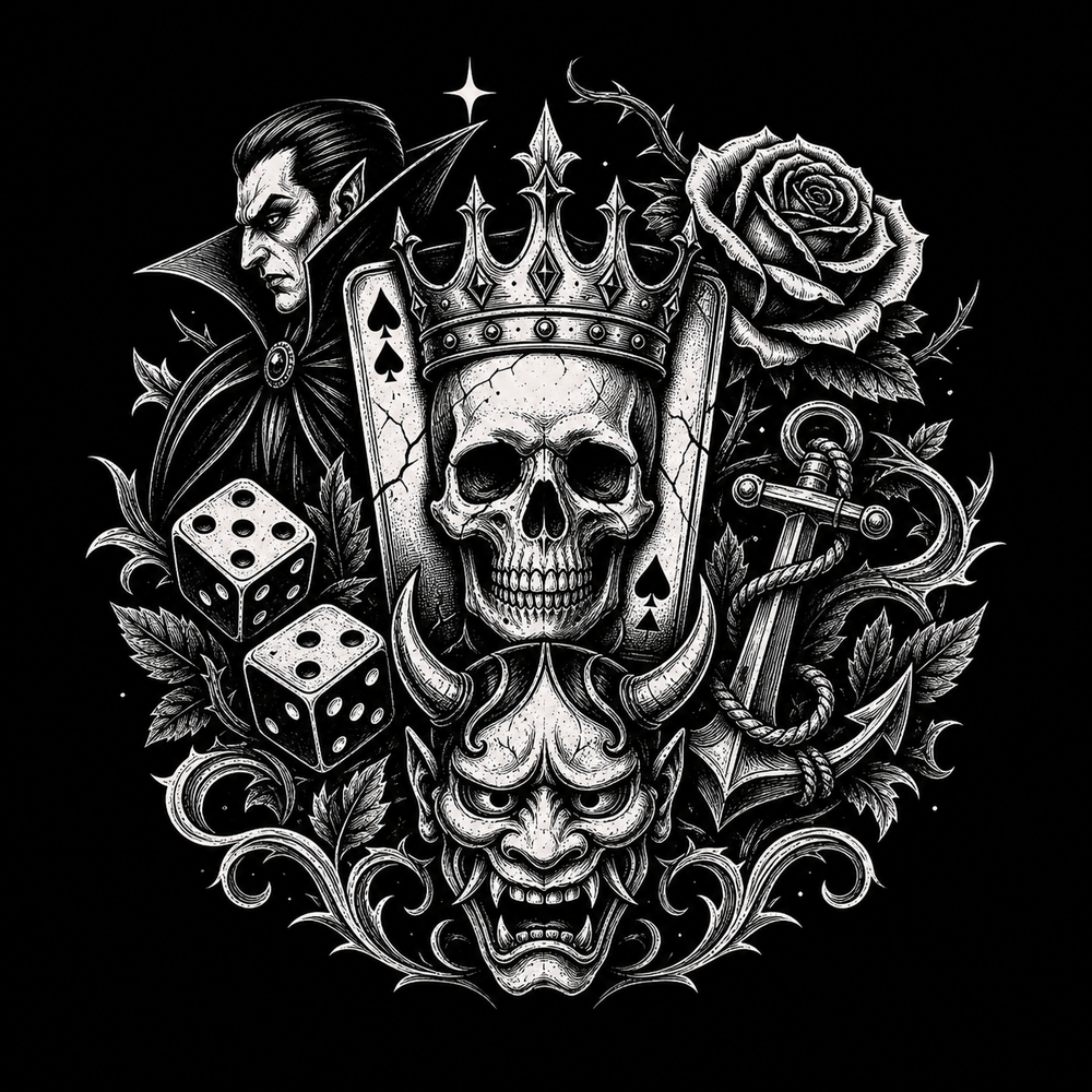 Ink and Thread gothic range symbols with skull, rose, monster and card.