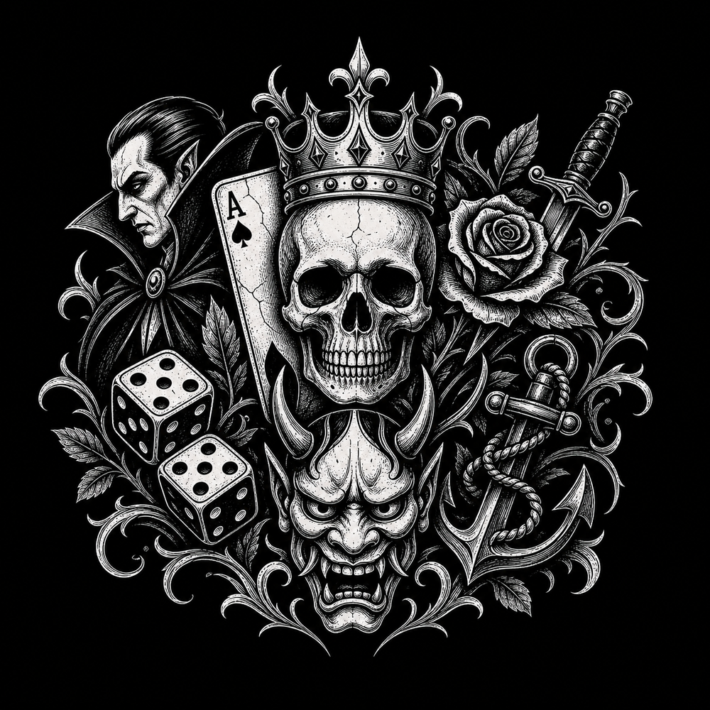 Ink and Thread tattoo-inspired clothing symbols across cards, roses, monsters and dice.