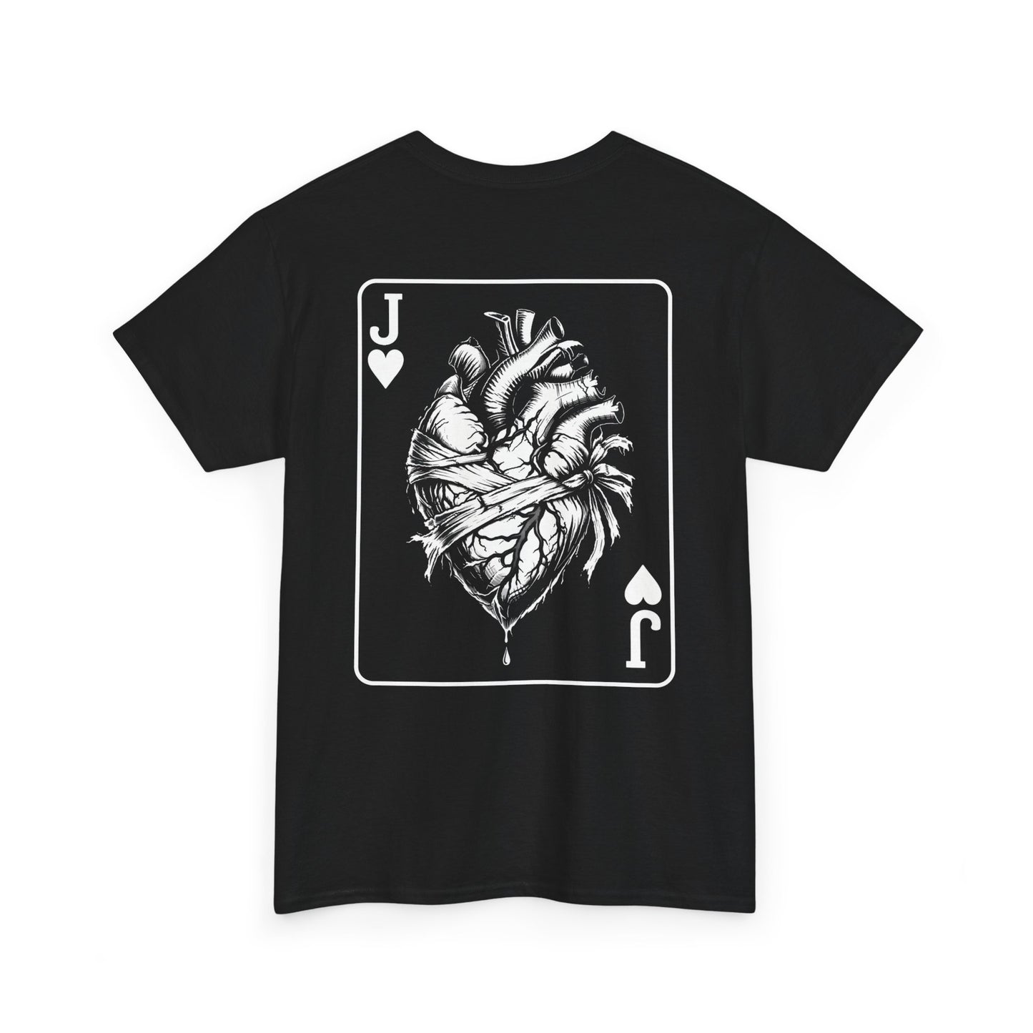 Black t-shirt with Jack of Hearts playing card design featuring anatomical heart illustration on white background
