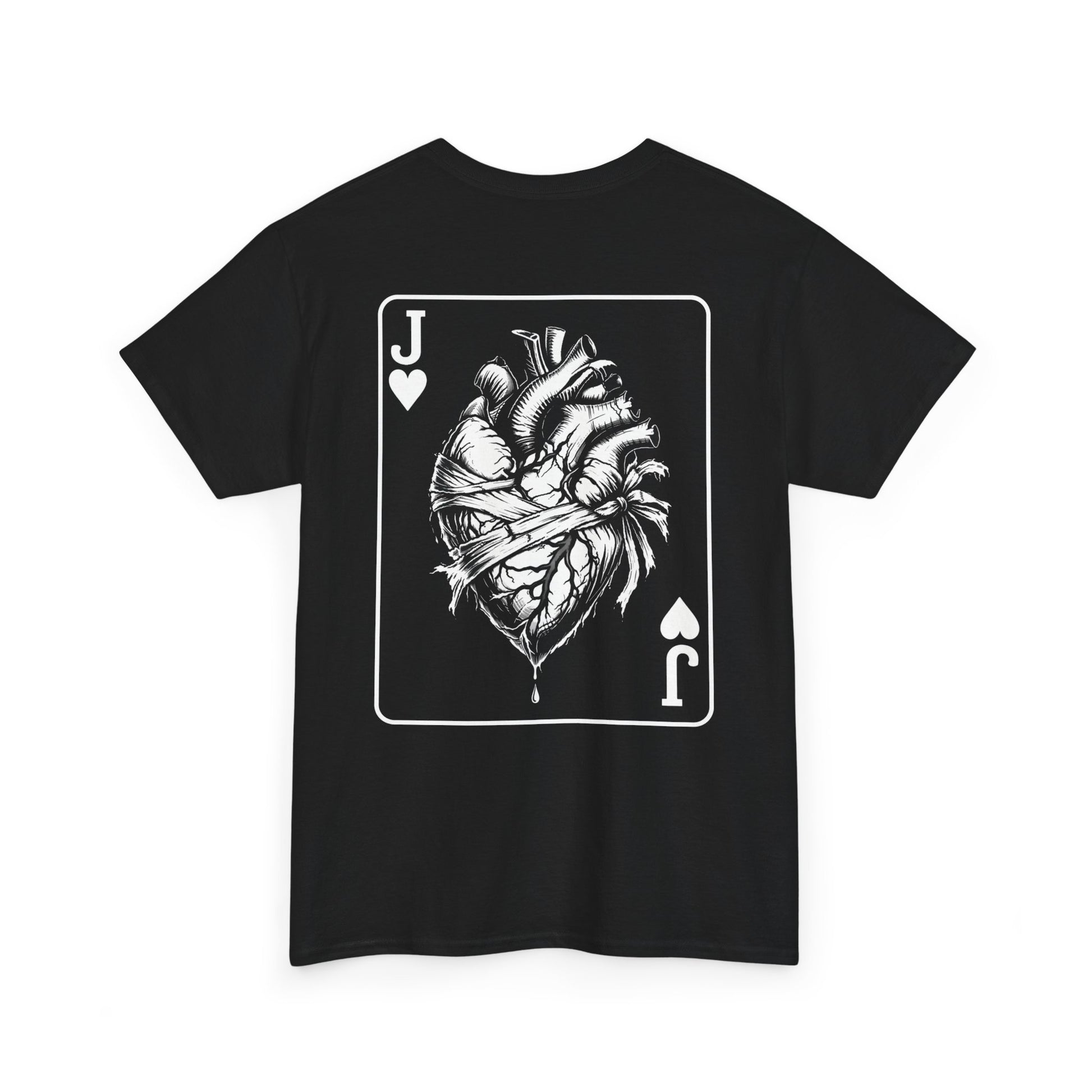 Black t-shirt with Jack of Hearts playing card design featuring anatomical heart illustration on white background
