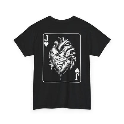 Black t-shirt with Jack of Hearts playing card design featuring anatomical heart illustration on white background