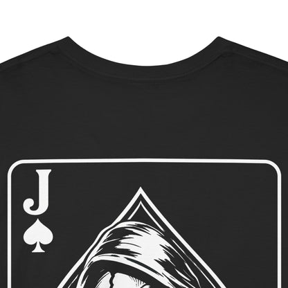 Back close-up of black t-shirt with Jack of Spades playing card design featuring skull and grim reaper illustration