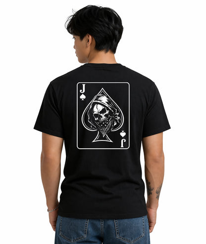 Male model showing back of black t-shirt with Jack of Spades playing card design featuring hooded skull illustration on white background