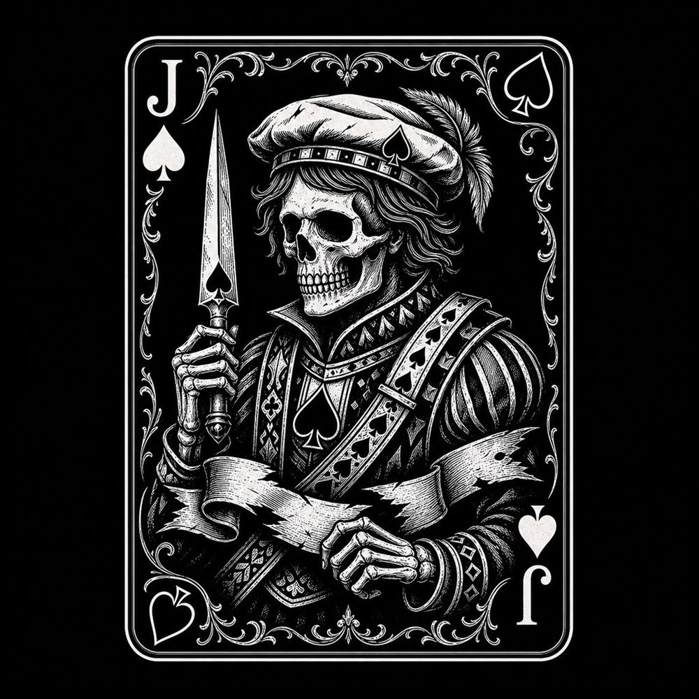 Skull Court Figure illustration for the Jack of Spades meaning article, Ink & Thread