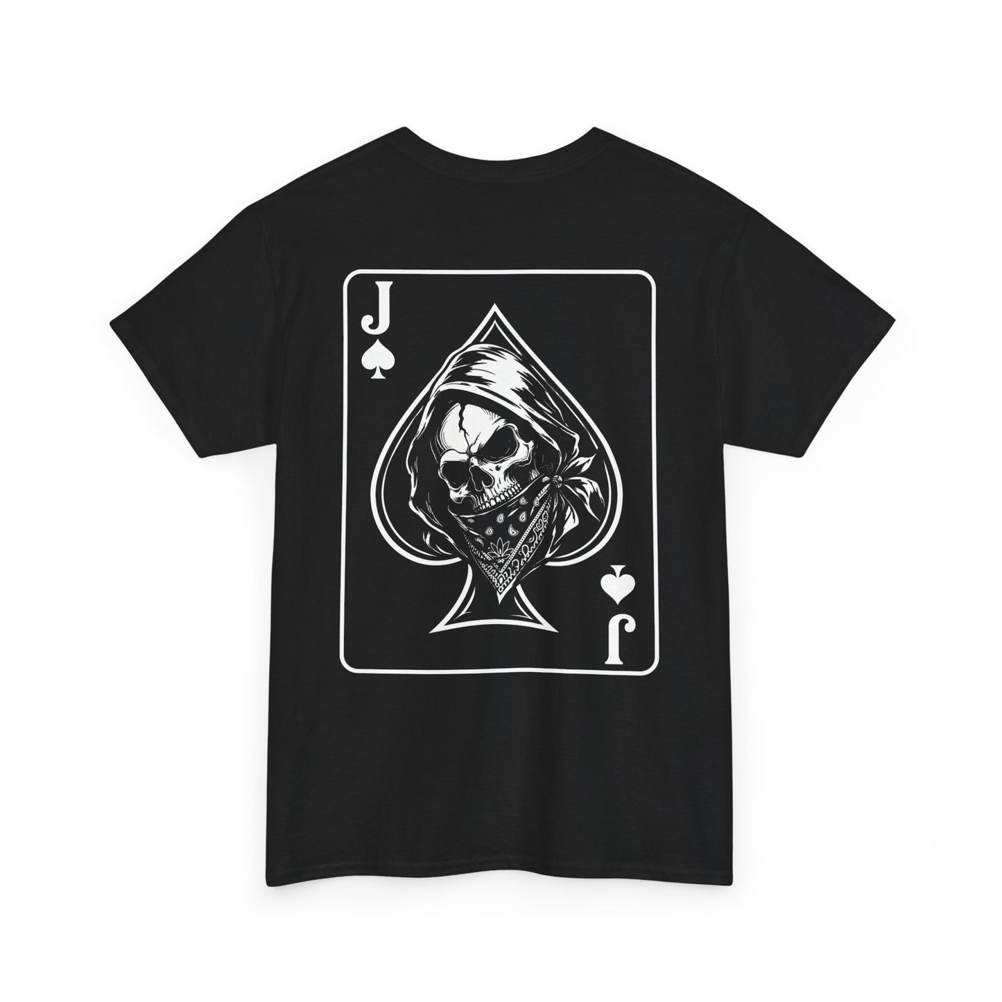 Black t-shirt front view with Jack of Spades playing card design featuring hooded skull illustration on white background