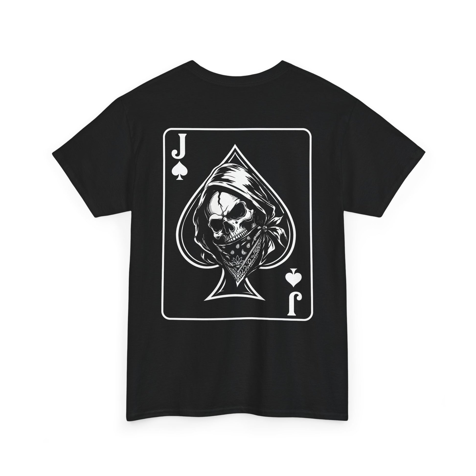 Black t-shirt front view with Jack of Spades playing card design featuring hooded skull illustration on white background