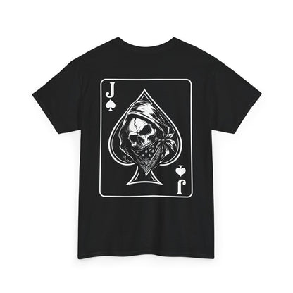 Black t-shirt front view with Jack of Spades playing card design featuring hooded skull illustration on white background