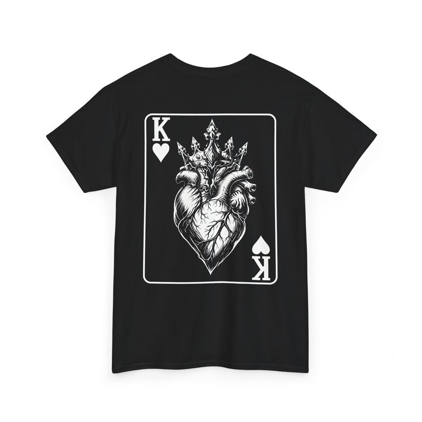Black t-shirt with King of Hearts playing card design featuring crowned anatomical heart illustration on white background