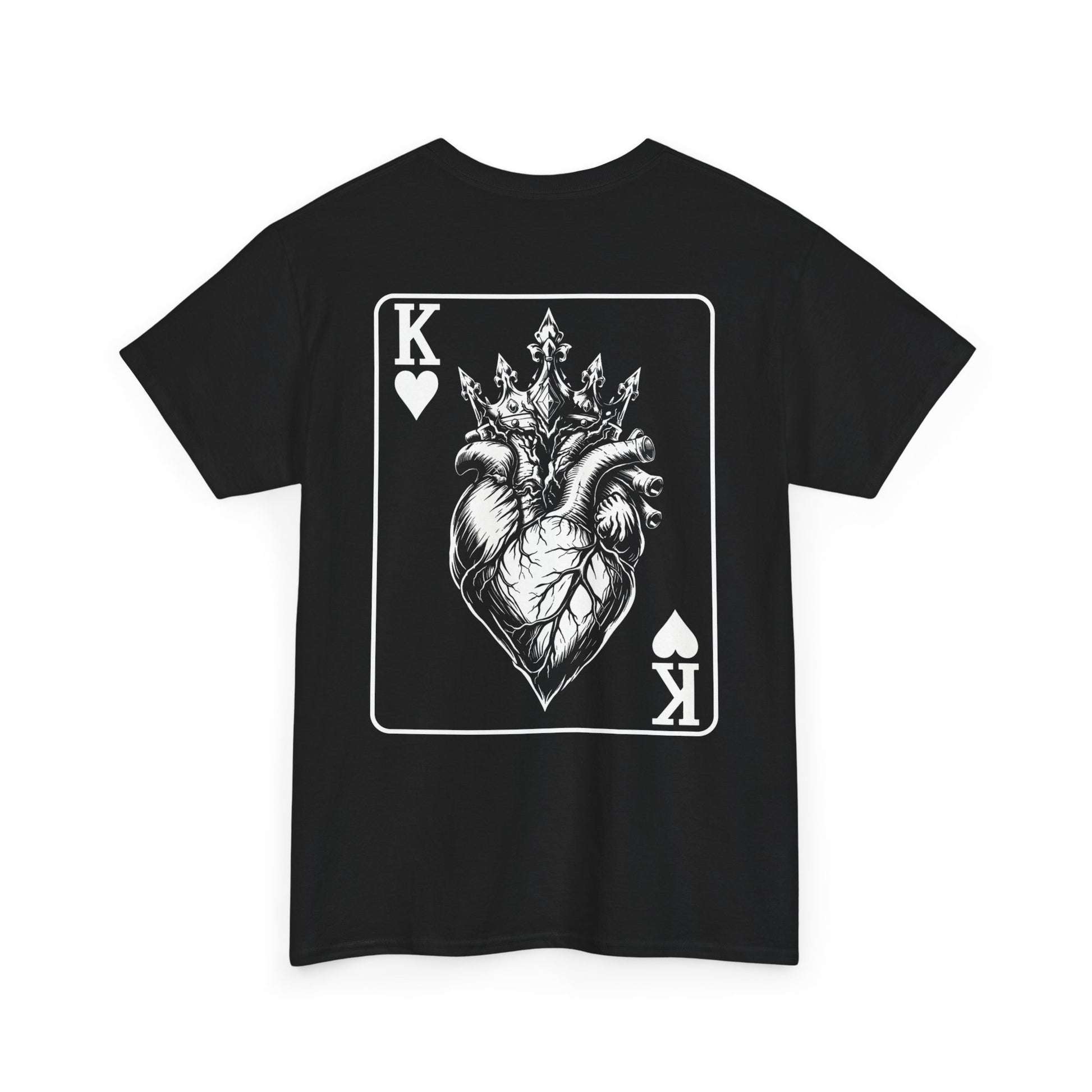 Black t-shirt with King of Hearts playing card design featuring crowned anatomical heart illustration on white background