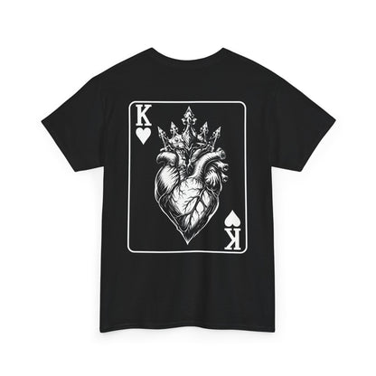 Black t-shirt with King of Hearts playing card design featuring crowned anatomical heart illustration on white background